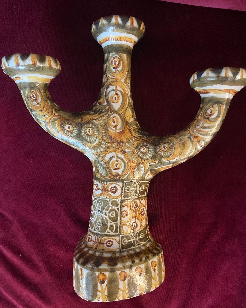 Quimper Earthenware Candlestick Signed André Horellou (1943-2011) For Atelier Keraluc 