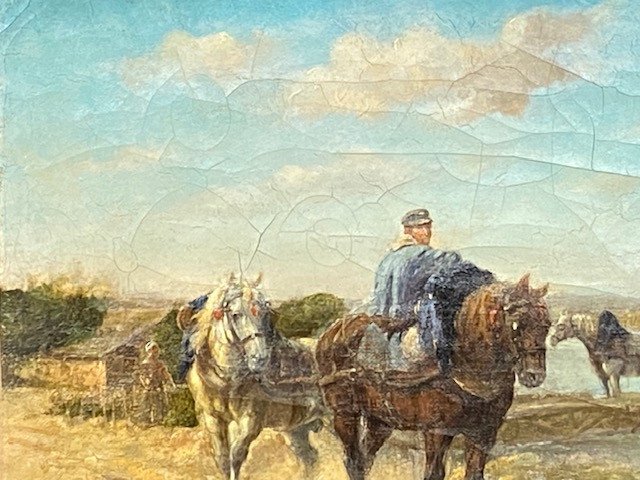 "Les Chevaux de Halage" - Huile sur Toile non signée - Circa 1860/80-photo-1