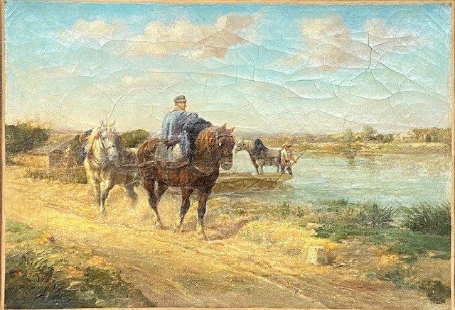 "the Towing Horses" - Unsigned Oil On Canvas - Circa 1860/80