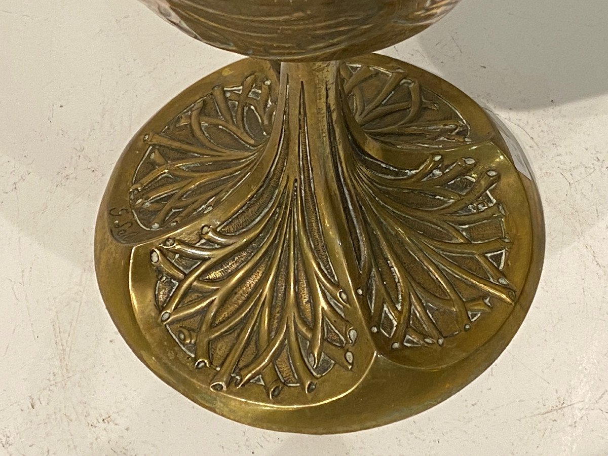 Lampe à Pétrole aux Chardons en bronze et laiton doré par Georges LELEU  - Art Nouveau 1900-photo-2