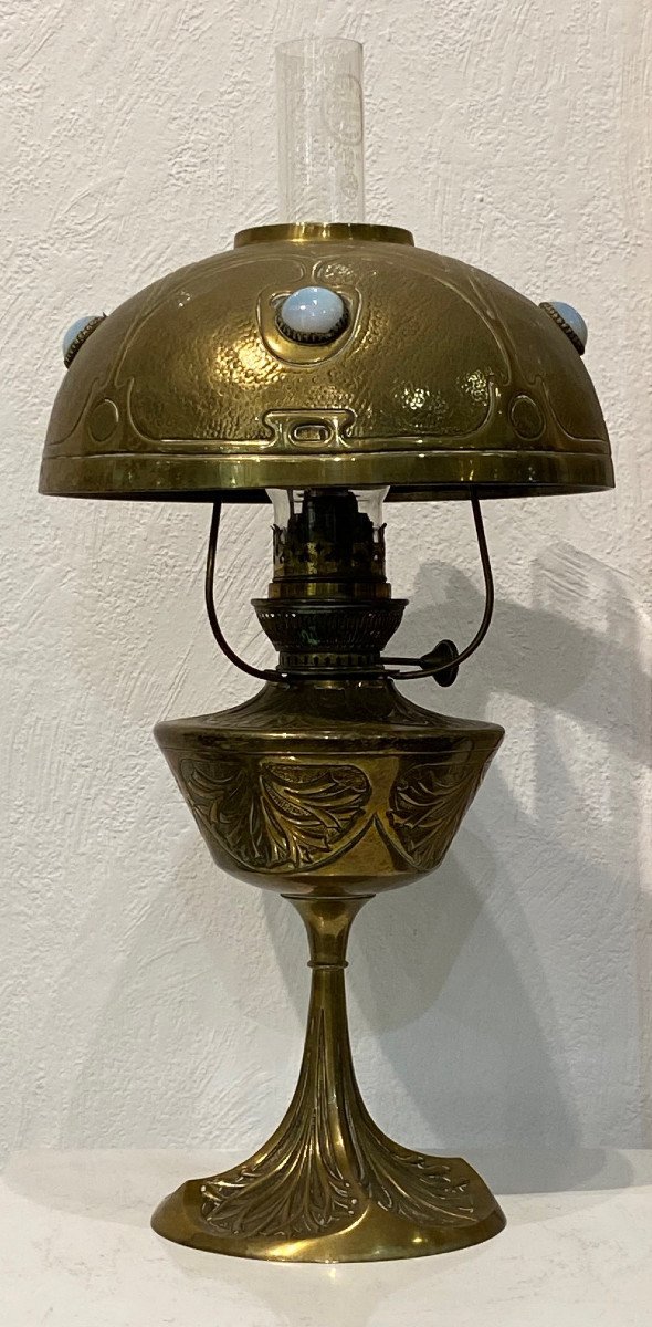 Lampe à Pétrole aux Chardons en bronze et laiton doré par Georges LELEU  - Art Nouveau 1900