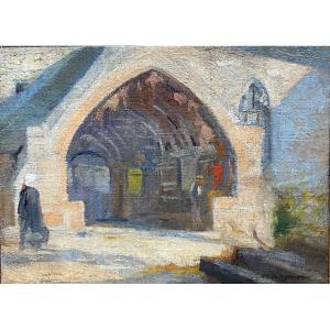 Ernest Quost (1842-1931) - Le Portail De l'Eglise - Hst Avec Cachet De l'Atelier 