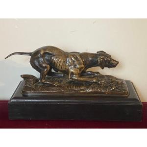 Victor Chemin (1825-1901) - Chien à l'arrêt -  Bronze à patine brune signée