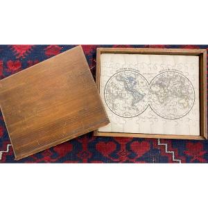 Atlas Puzzle en 6 Planches signée Flemming dans sa Boite en bois d'origine. Circa 1850