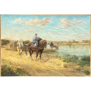 "Les Chevaux de Halage" - Huile sur Toile non signée - Circa 1860/80