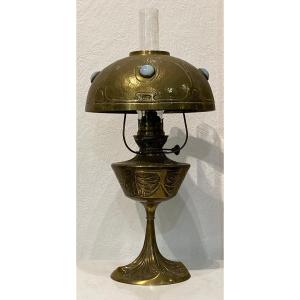 Oil Lamp With Thistles In Bronze And Gilded Brass By Georges Leleu - Art Nouveau 1900