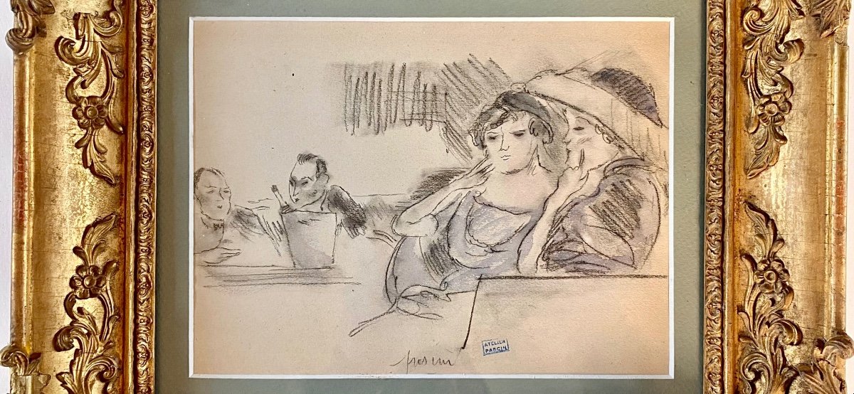 Jules Pascin (1885 - 1930) Scène De Café Vers 1920 Signée -photo-1