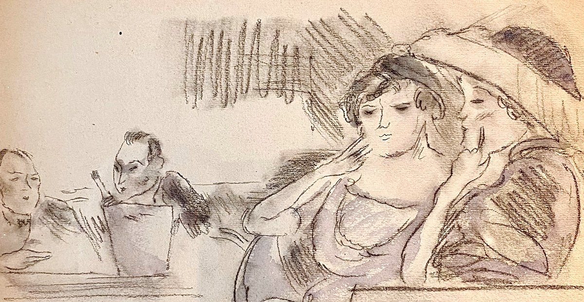 Jules Pascin (1885 - 1930) Scène De Café Vers 1920 Signée -photo-3