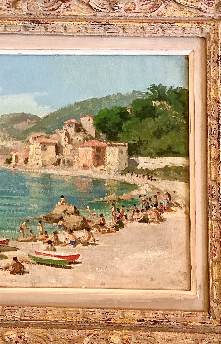 Plage Animée à Collioure - Huile Sur Toile Par Maurice Alfred Descamps (1892-19-photo-2