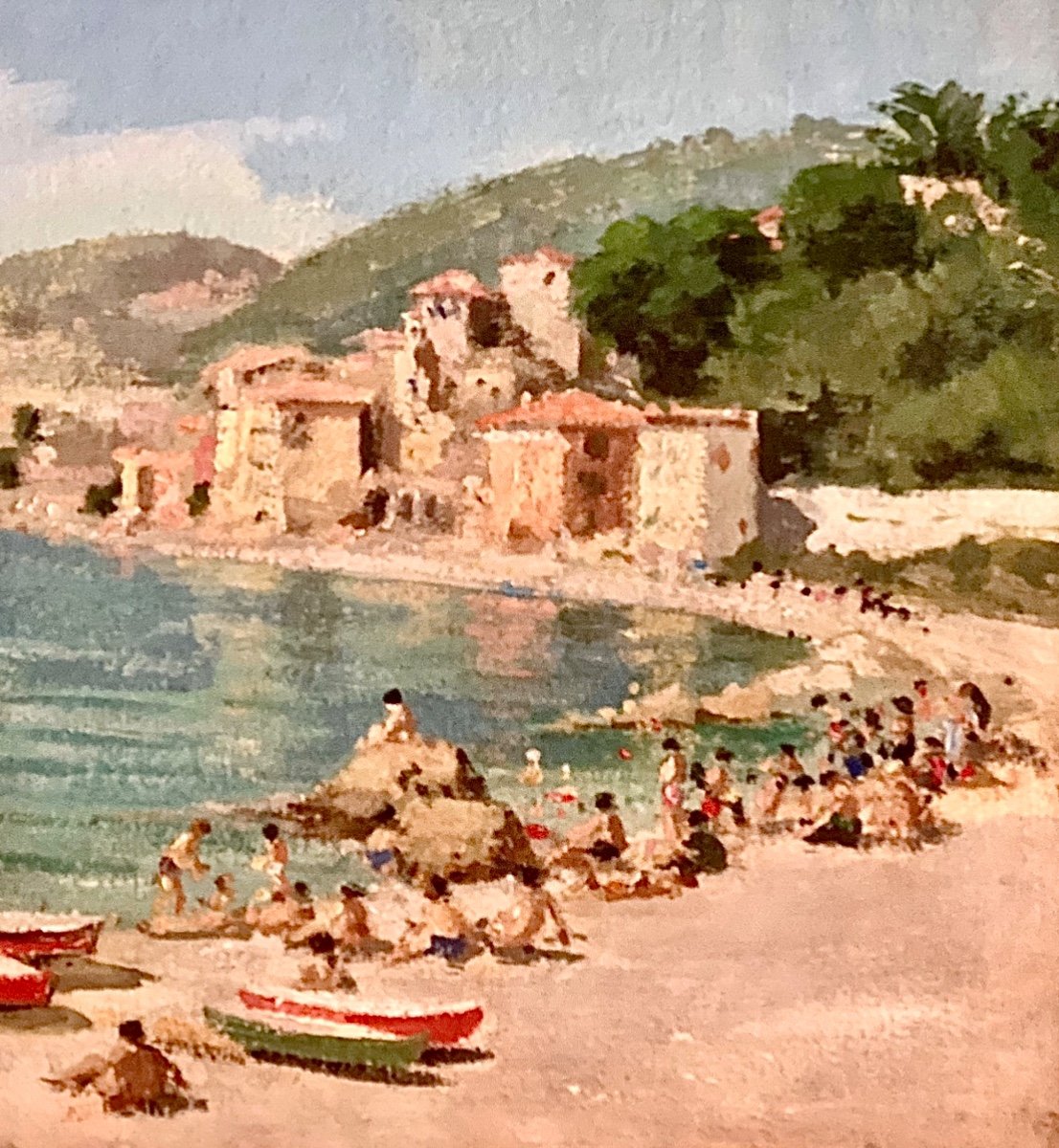 Plage Animée à Collioure - Huile Sur Toile Par Maurice Alfred Descamps (1892-19-photo-1