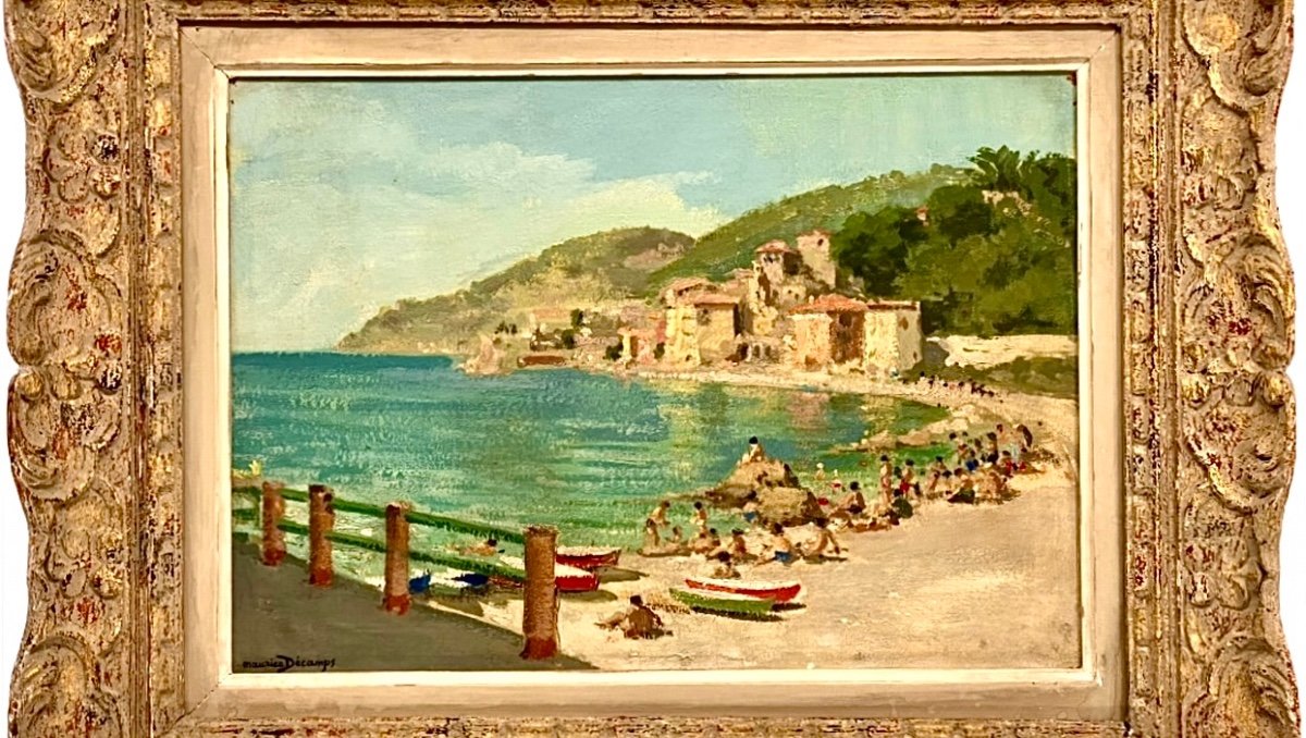 Plage Animée à Collioure - Huile Sur Toile Par Maurice Alfred Descamps (1892-19-photo-2