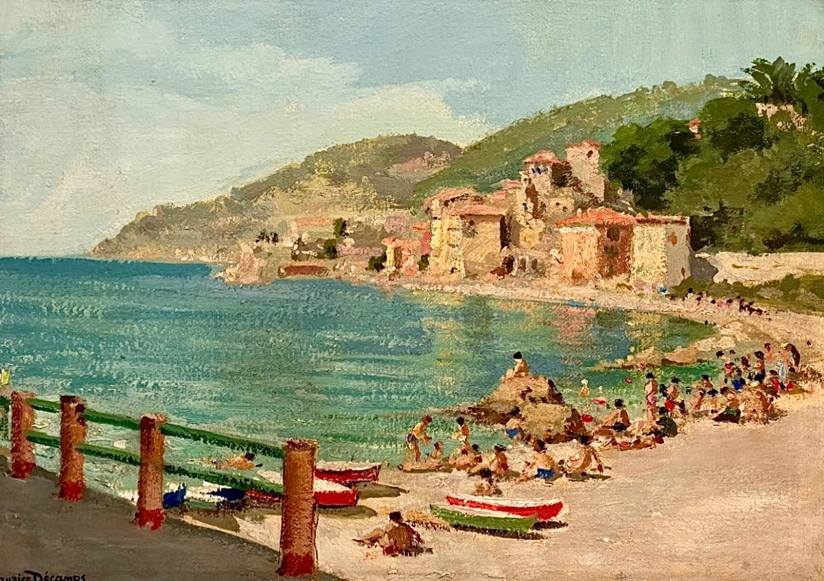 Plage Animée à Collioure - Huile Sur Toile Par Maurice Alfred Descamps (1892-19-photo-3