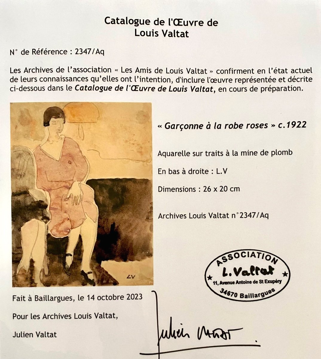 Aquarelle Originale Par Louis Valtat  (1869 - 1952) « Garçonne à La Robe Roses » C. 1922-photo-2