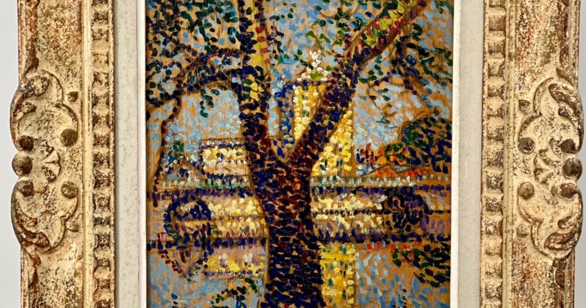 Paysage Pointilliste Sur Panneau De Bois Par Ernest Lucien Bonnotte (1874 - 1954)-photo-2