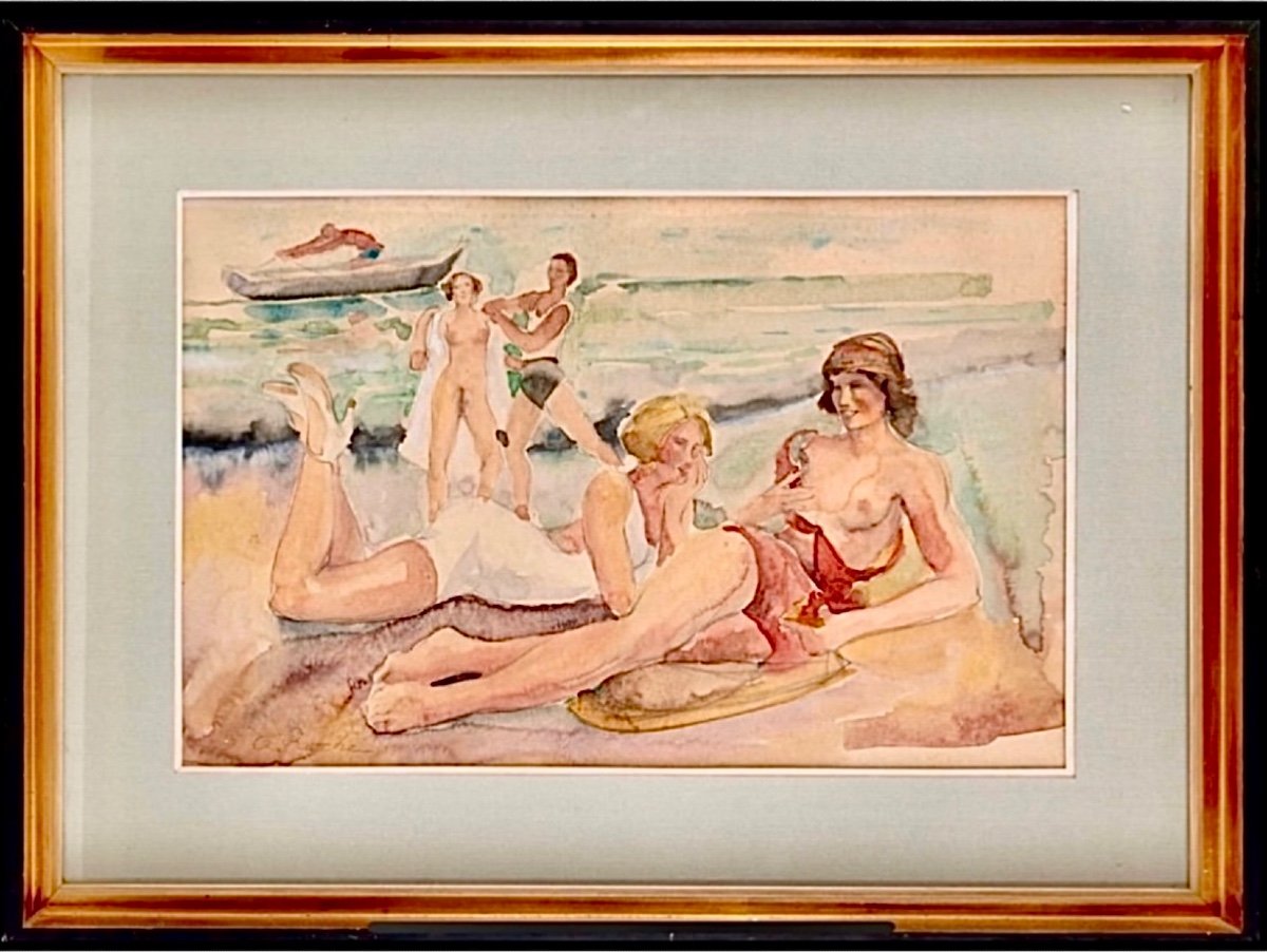 Odilon Roche (1868 - 1947) Beautiful Signed Animated Beach Scene (c1930) 