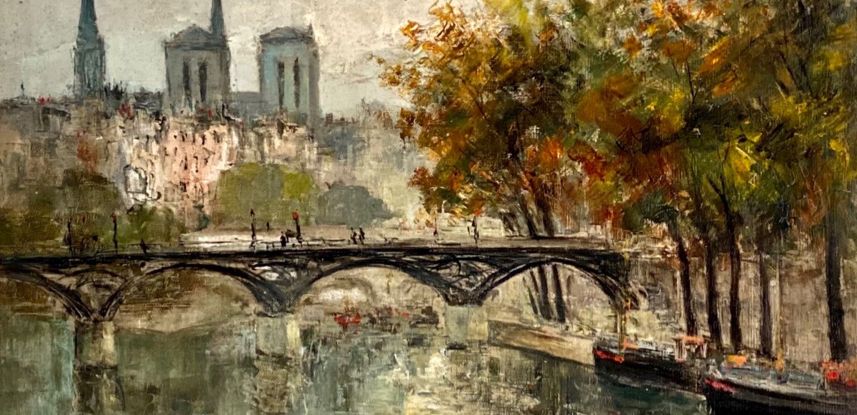 Nôtre-dame Et Le Pont Des Arts - Antoine Blanchard - Huile Sur Toile Signée -photo-2