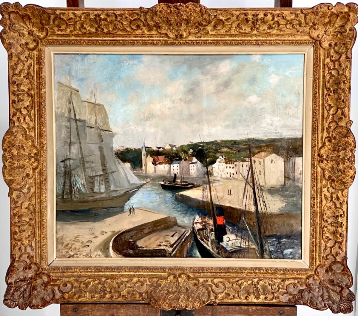 Jean Jovoneau (1888 - 1950) Schooner In Port - Oil On Canvas Signed -photo-1