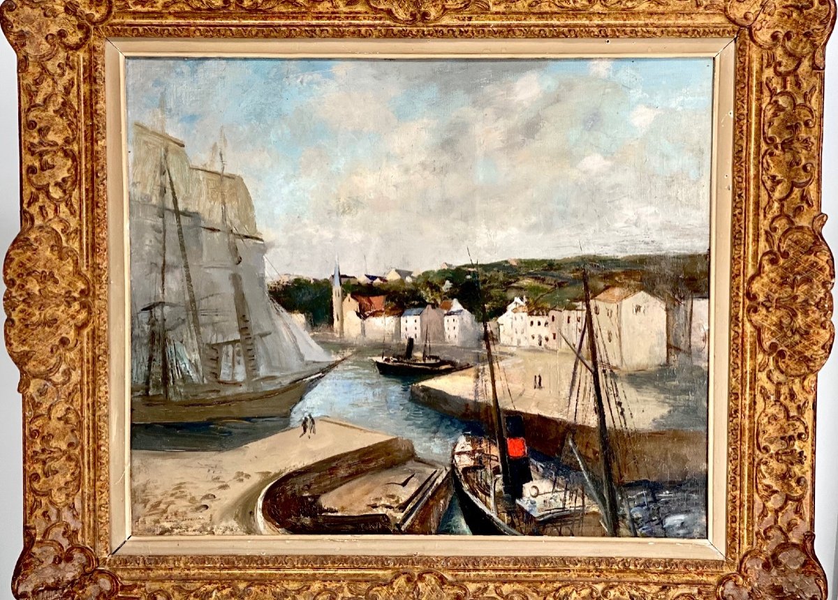 Jean Jovoneau (1888 - 1950) Schooner In Port - Oil On Canvas Signed -photo-2