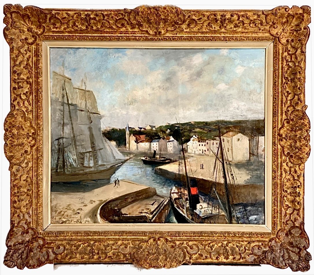 Jean Jovoneau (1888 - 1950) Schooner In Port - Oil On Canvas Signed 