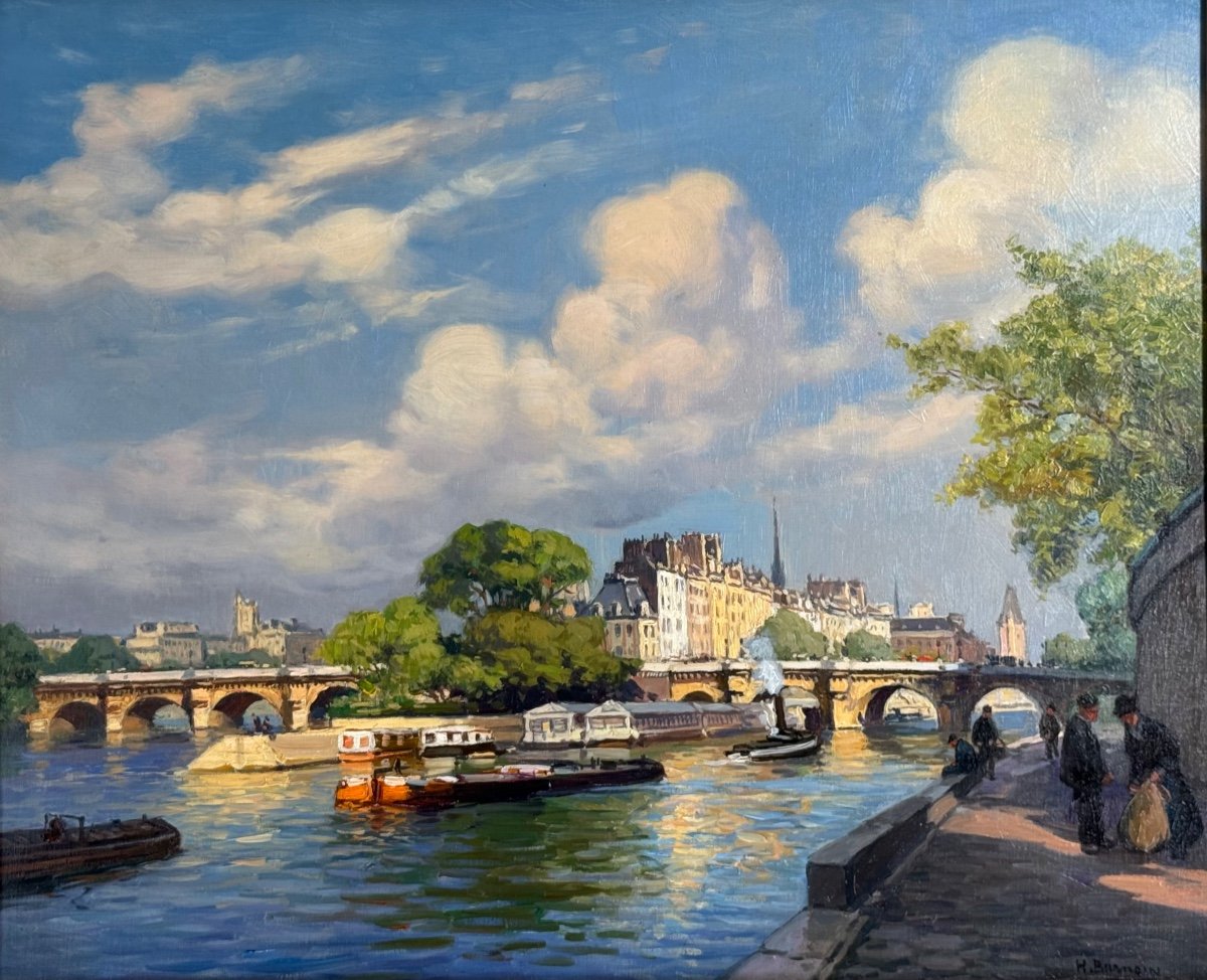 Henri Barnoin (1882 – 1940 – Paris) Paris The Seine At The Pont Neuf - Oil On Canvas Signed -photo-2