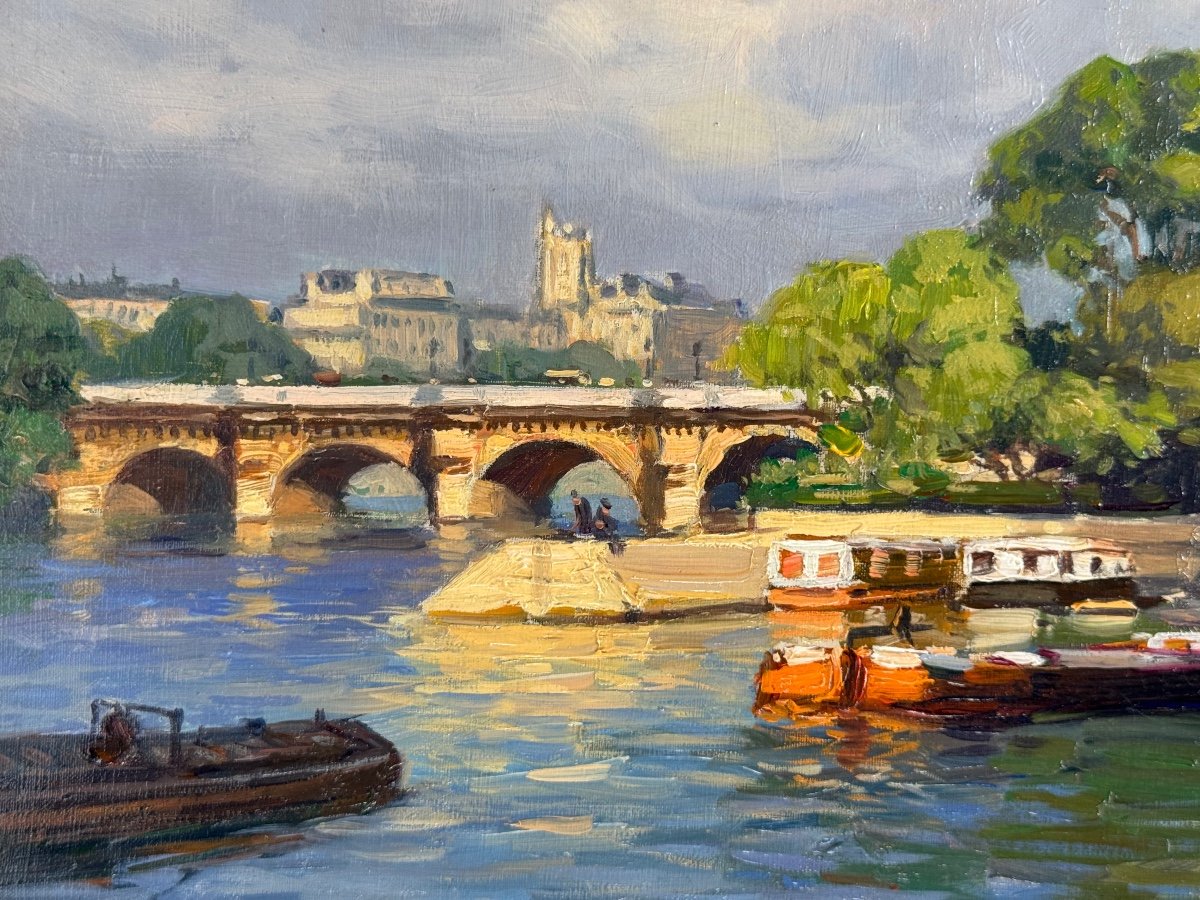 Henri Barnoin (1882 – 1940 – Paris) Paris The Seine At The Pont Neuf - Oil On Canvas Signed -photo-3