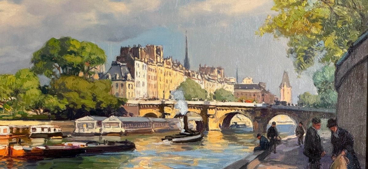 Henri Barnoin (1882 – 1940 – Paris) Paris The Seine At The Pont Neuf - Oil On Canvas Signed -photo-1