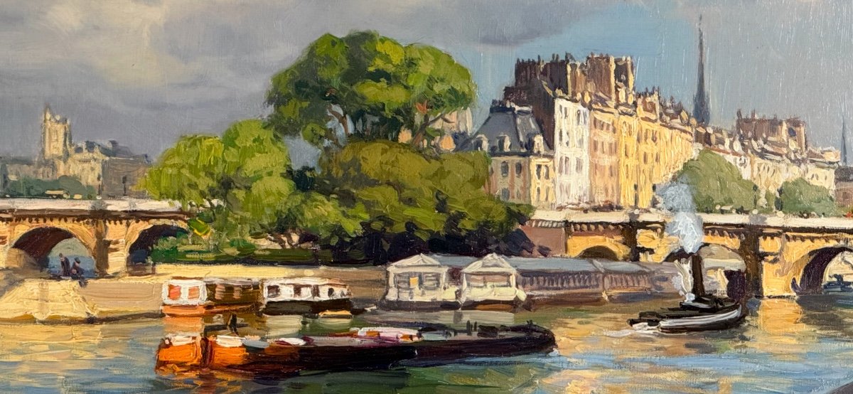 Henri Barnoin (1882 – 1940 – Paris) Paris The Seine At The Pont Neuf - Oil On Canvas Signed -photo-2