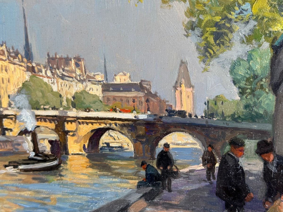 Henri Barnoin (1882 – 1940 – Paris) Paris The Seine At The Pont Neuf - Oil On Canvas Signed -photo-3