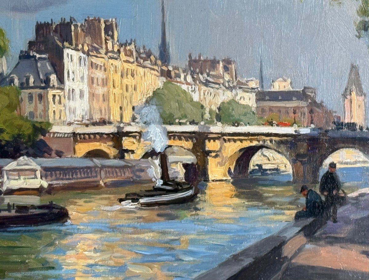 Henri Barnoin (1882 – 1940 – Paris) Paris The Seine At The Pont Neuf - Oil On Canvas Signed -photo-5