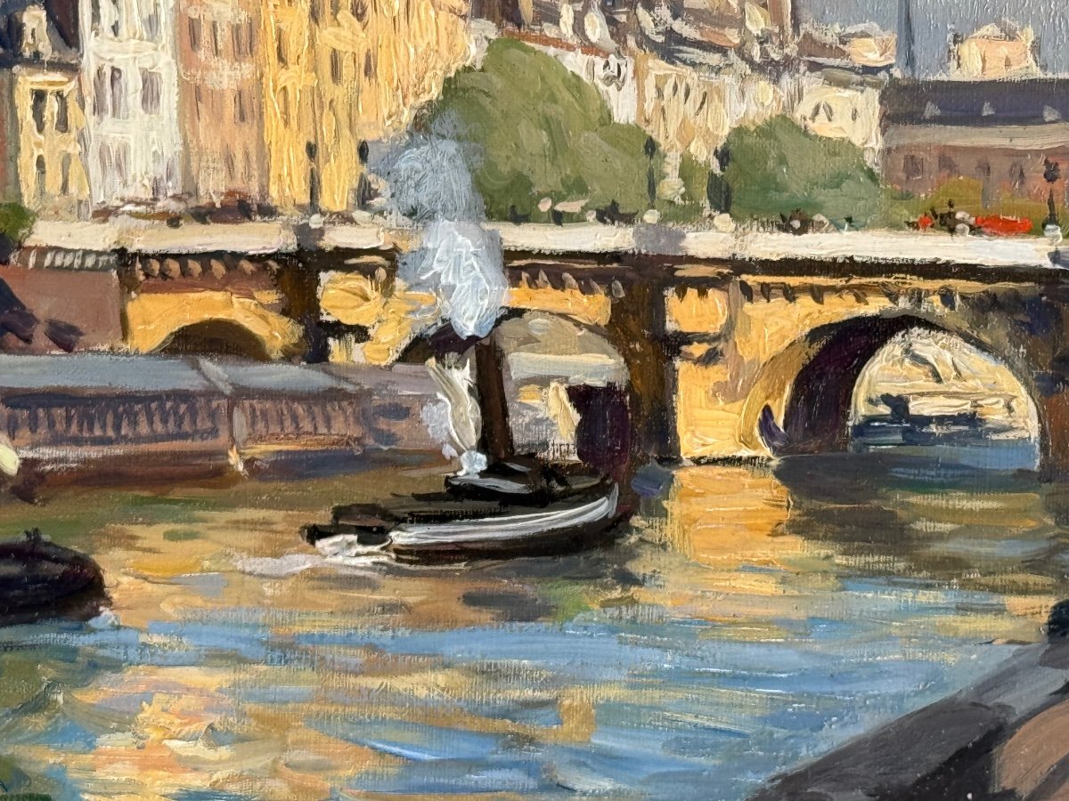 Henri Barnoin (1882 – 1940 – Paris) Paris The Seine At The Pont Neuf - Oil On Canvas Signed -photo-6