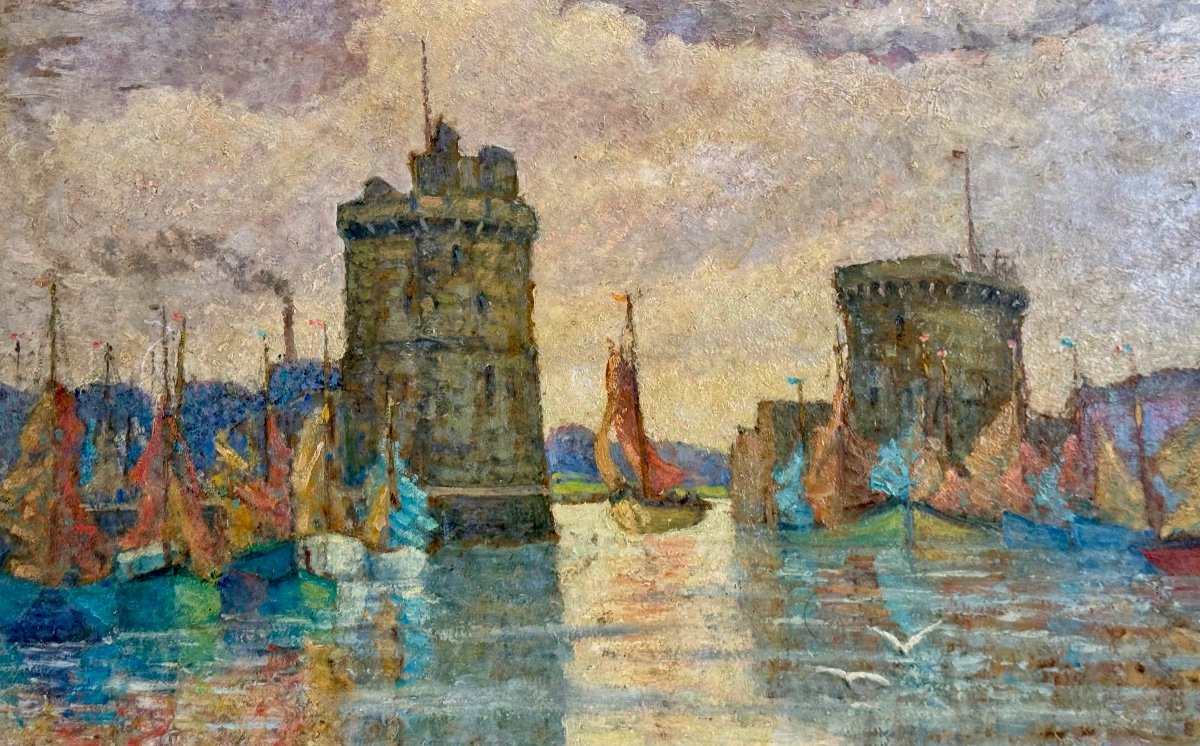 Le Port De La Rochelle - Grande Huile Sur Panneau Monogrammé 1ere Partie Du XXeme Siècle -photo-2