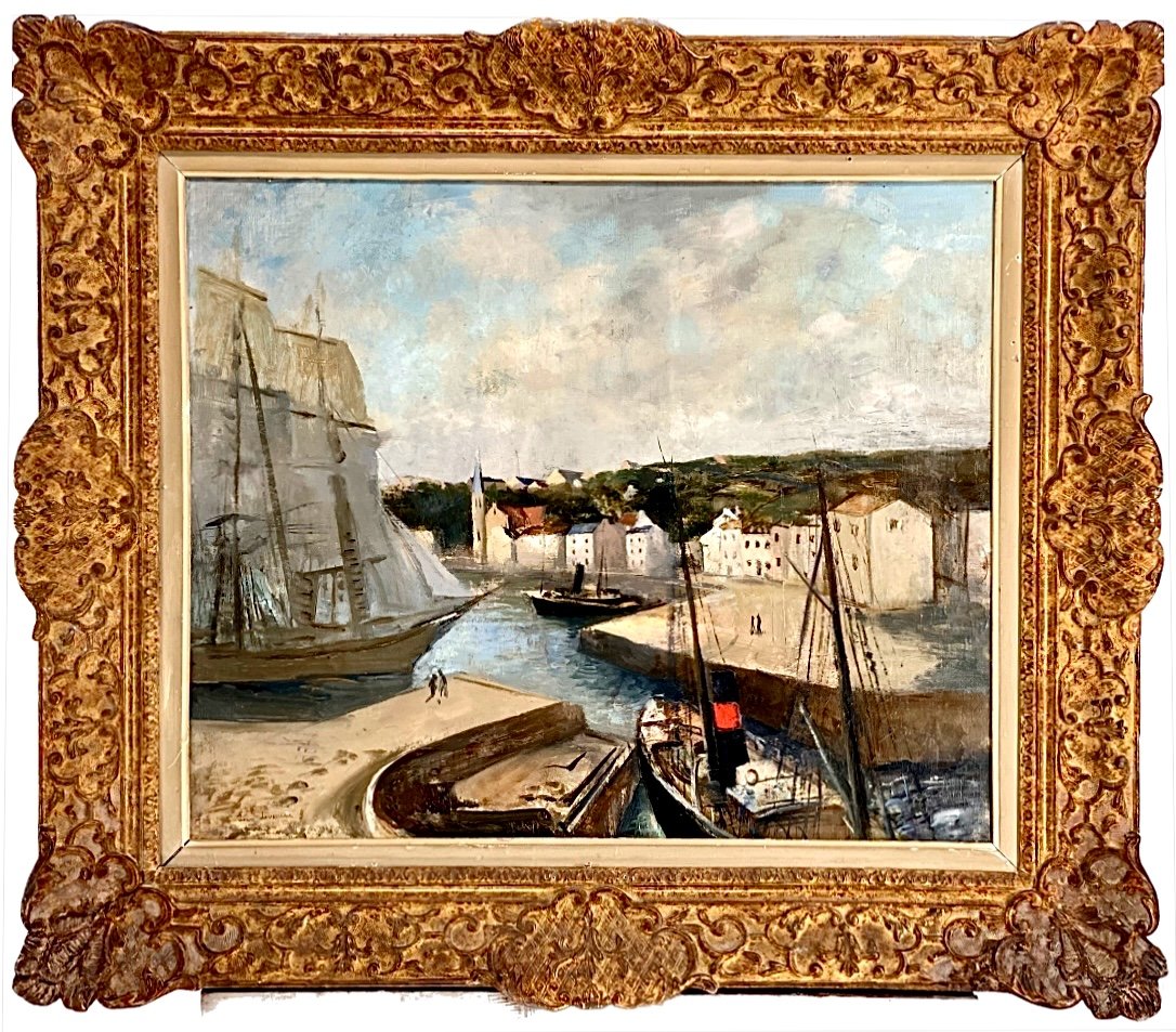 Jean Joveneau (1888 – 1950)  Goélette Et Chalutier Au Port 