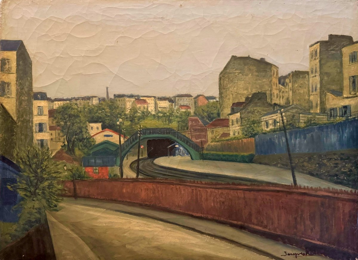 Paris , La Gare Du Ménilmontant - Huile Sur Toile Signée Vers 1930 