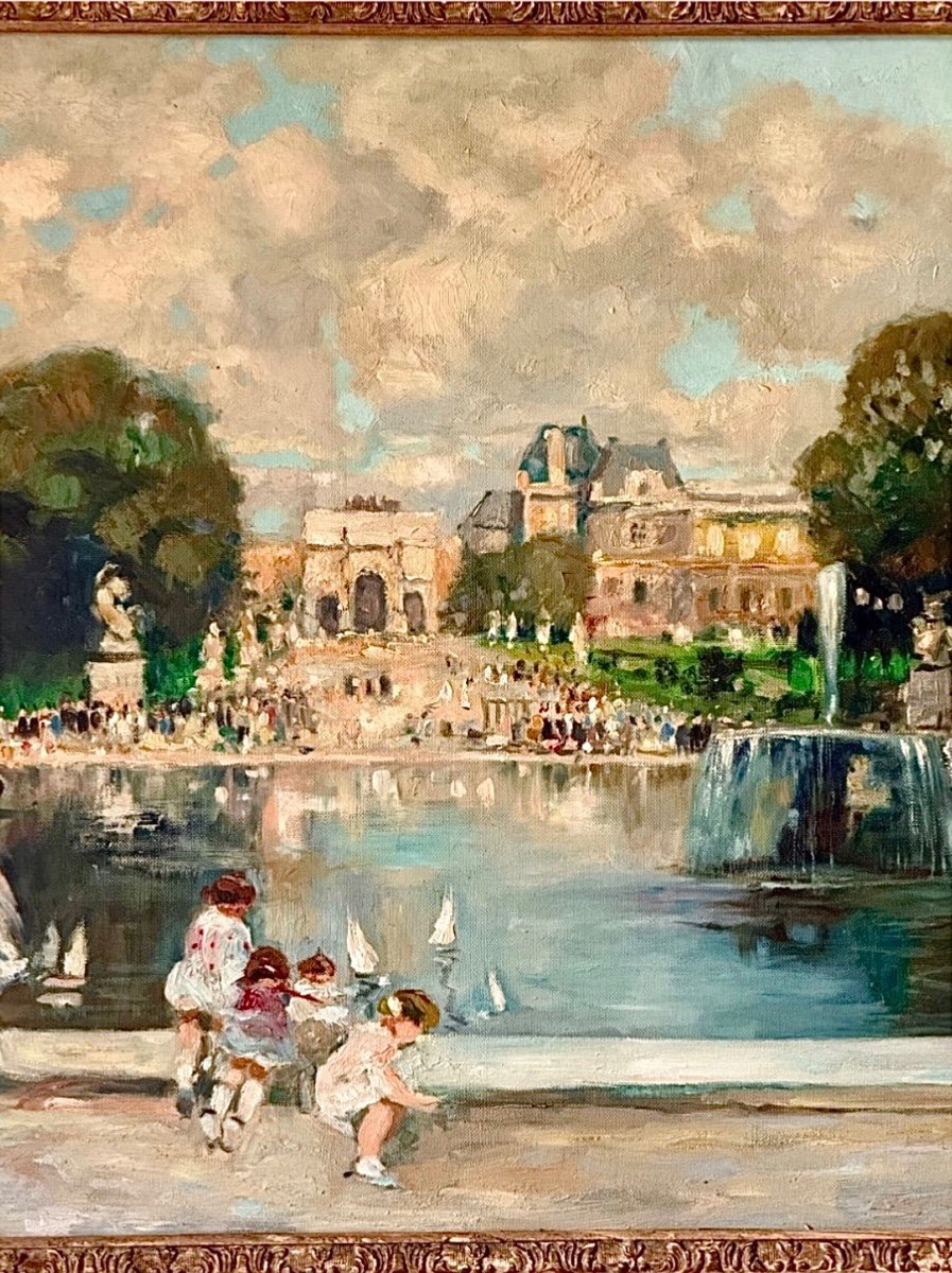 Jules René Hervé (1887 - 1981) Le Jardin Des Tuileries à Paris. huile Sur Toile Signée -photo-2