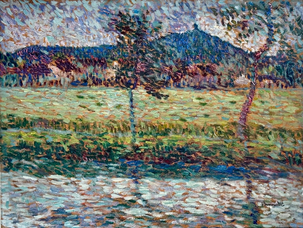 Paysage Pointilliste C1900 Signé - Huile Sur Panneau De Bois -photo-2