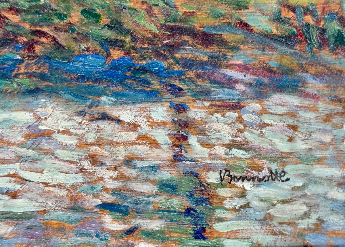 Paysage Pointilliste C1900 Signé - Huile Sur Panneau De Bois -photo-3