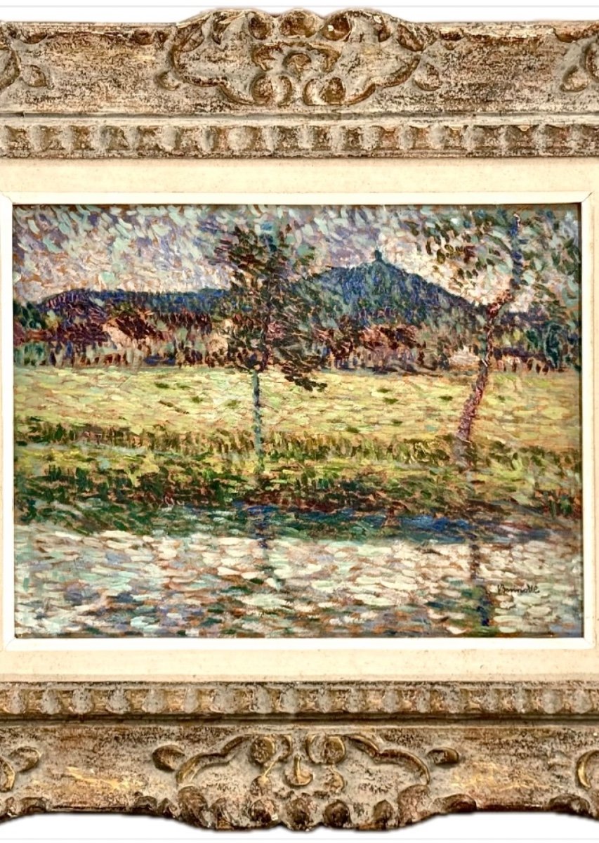 Paysage Pointilliste C1900 Signé - Huile Sur Panneau De Bois -photo-4