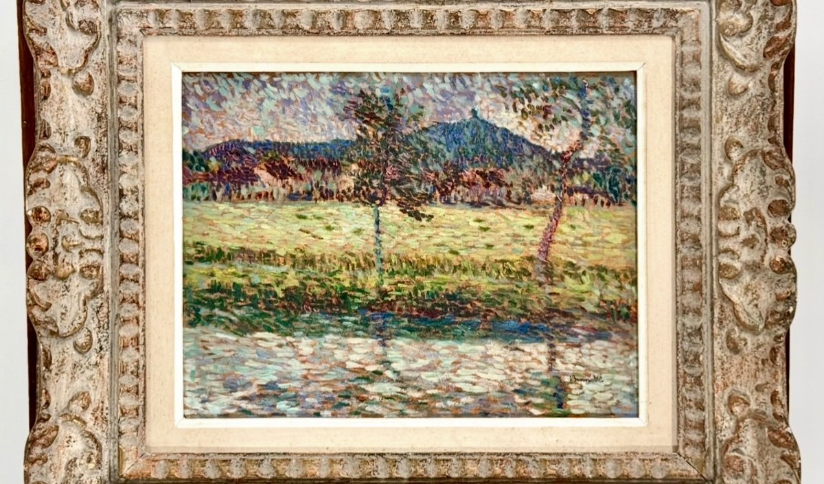 Paysage Pointilliste C1900 Signé - Huile Sur Panneau De Bois -photo-1