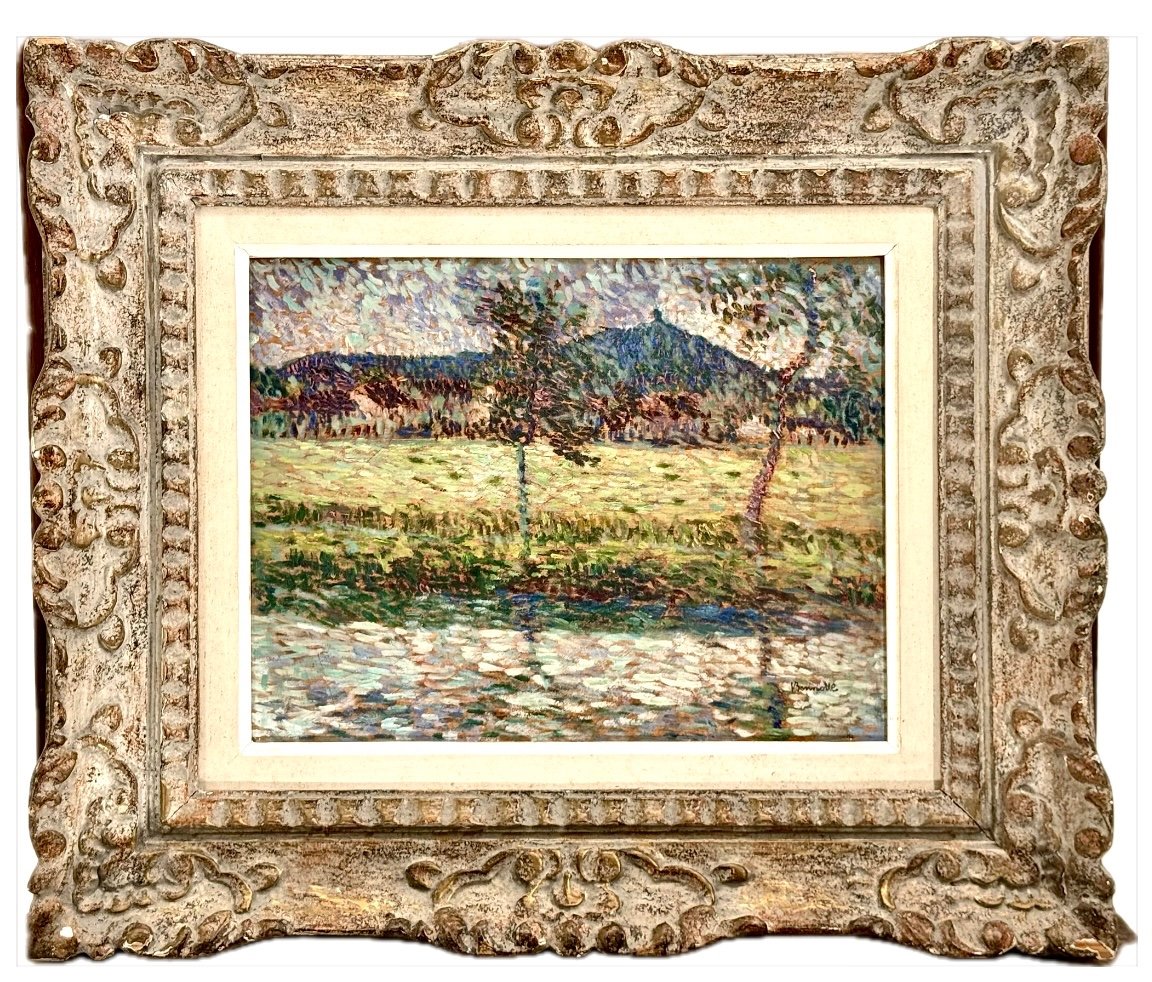 Paysage Pointilliste C1900 Signé - Huile Sur Panneau De Bois -photo-2