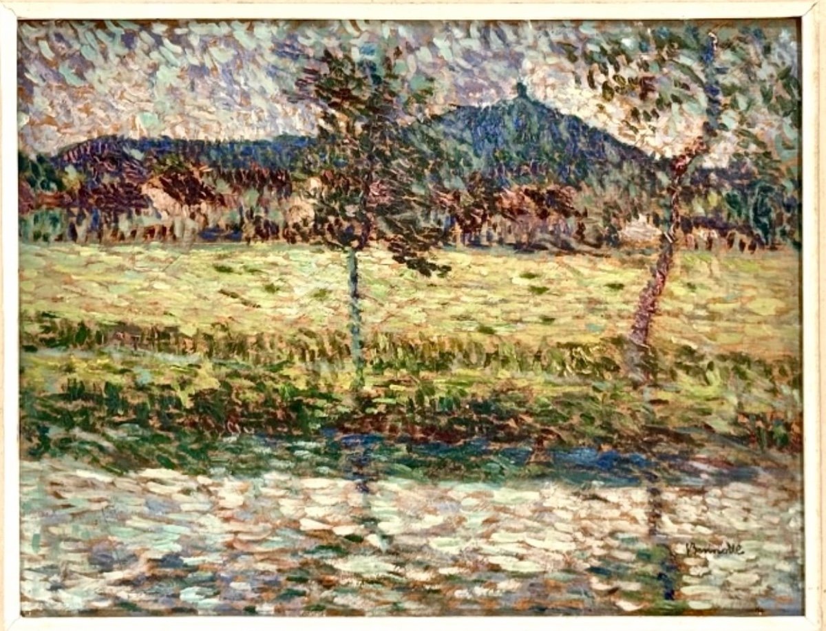 Paysage Pointilliste C1900 Signé - Huile Sur Panneau De Bois -photo-3