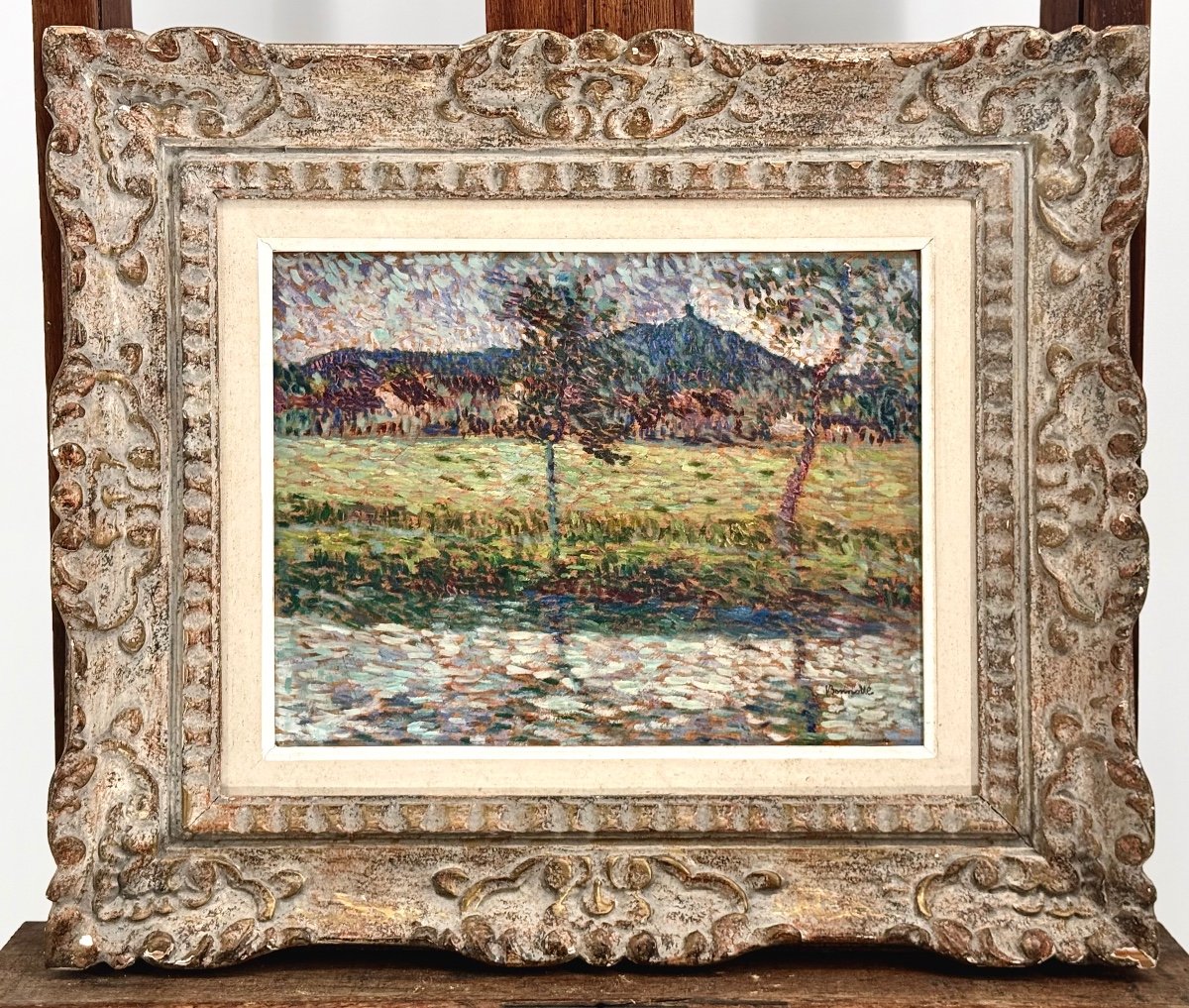 Paysage Pointilliste C1900 Signé - Huile Sur Panneau De Bois -photo-4