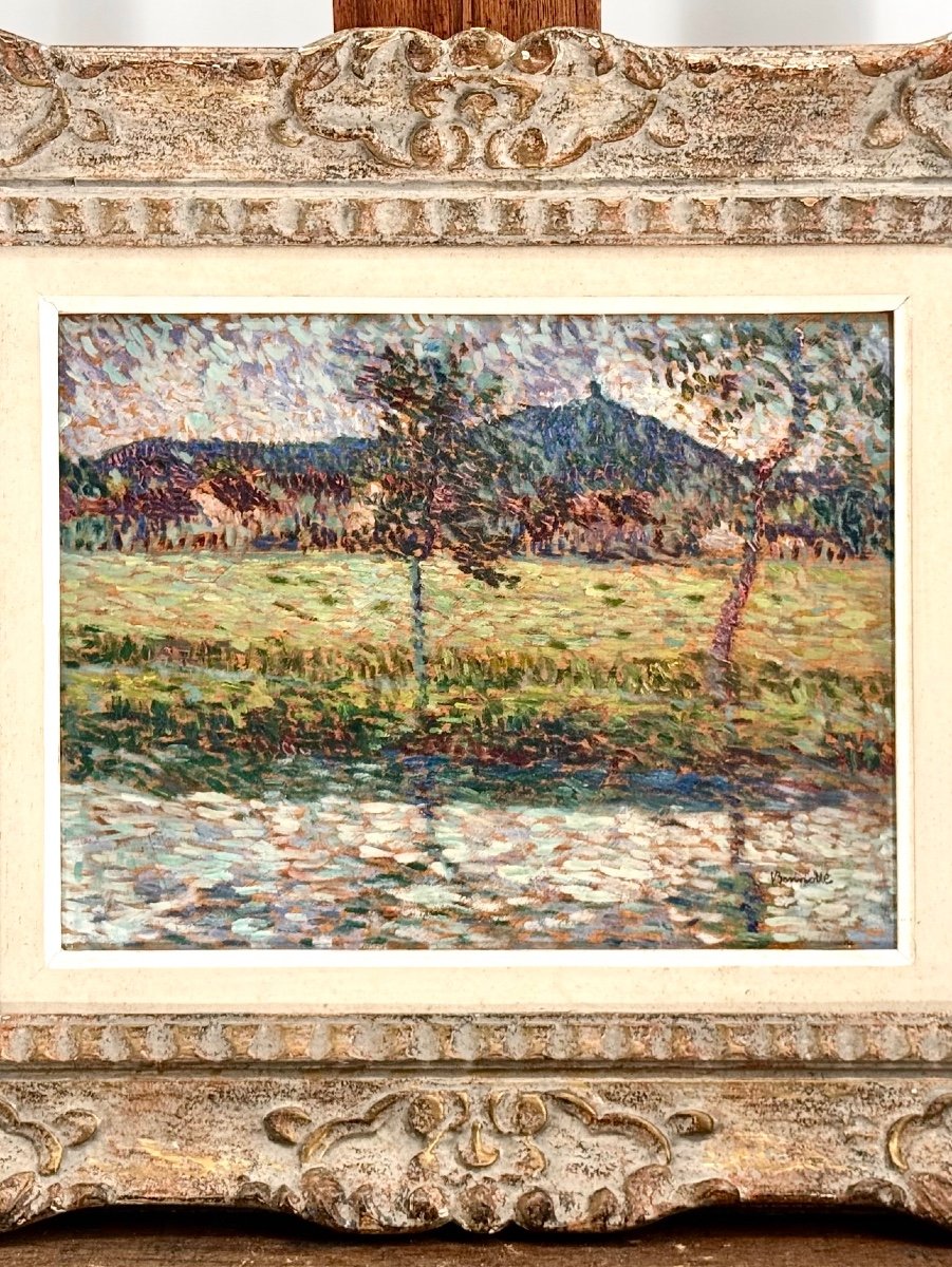 Paysage Pointilliste C1900 Signé - Huile Sur Panneau De Bois -photo-5