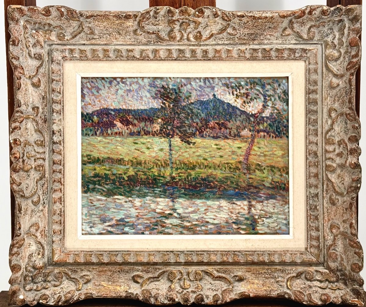 Paysage Pointilliste C1900 Signé - Huile Sur Panneau De Bois 