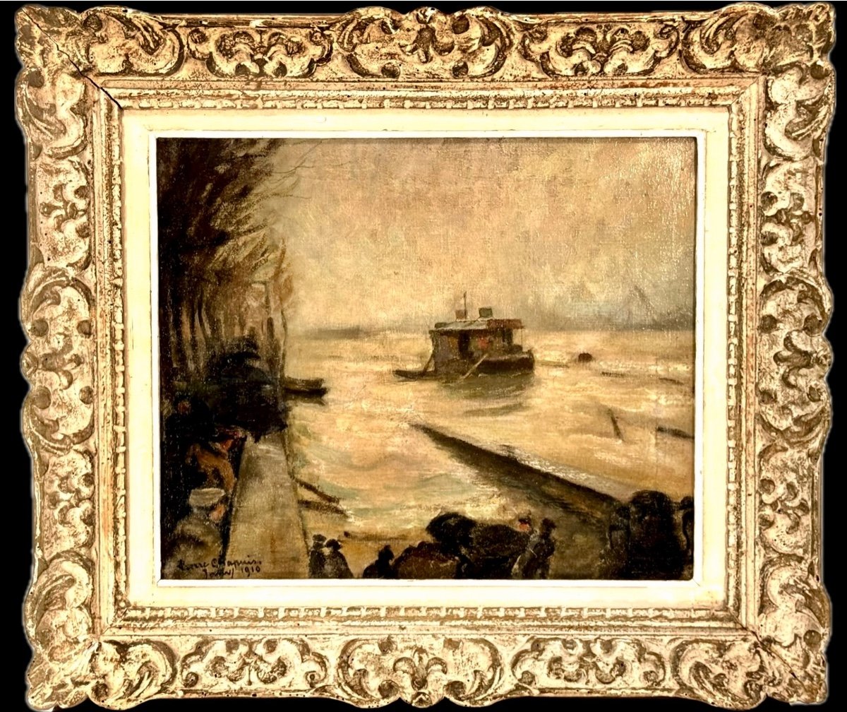 Pierre Marie Alfred Chapuis ( 1863 - 1942) Les Inondations à Paris En 1910 Huile Sur Toile Sign