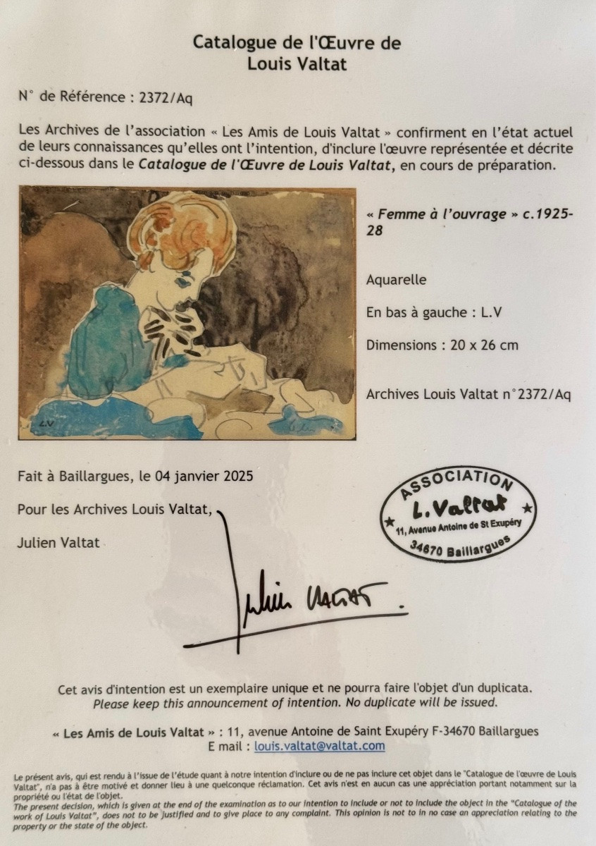 Louis Valtat (1869 -1952) - Femme à L’ouvrage (c 1925/1928) - Aquarelle Originale -photo-3