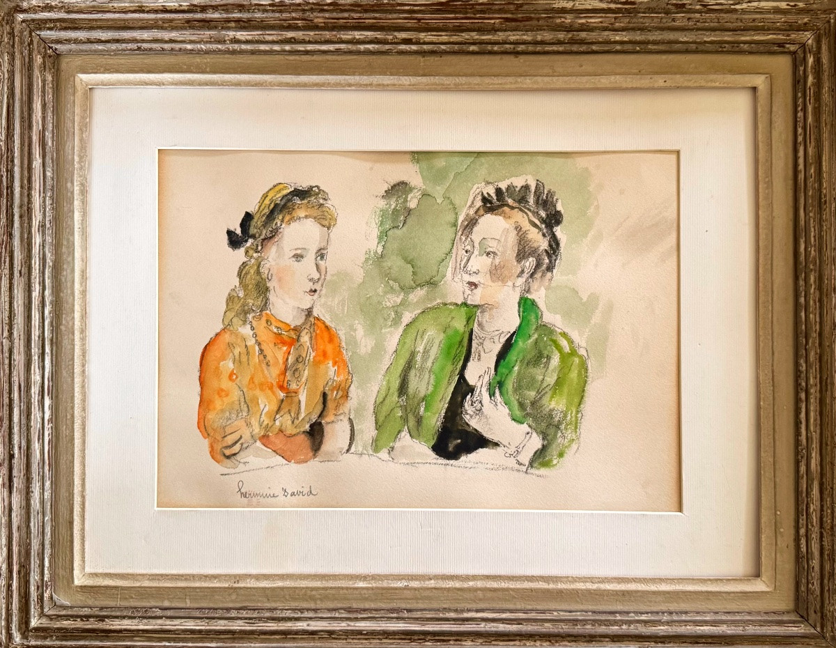 Hermine David (1886-1970) Two Elegant Women - Signed Watercolor -photo-1