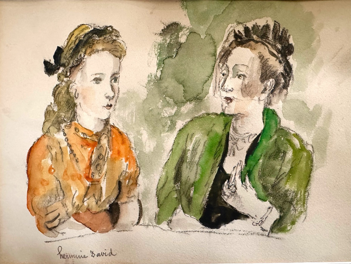 Hermine David (1886-1970) Two Elegant Women - Signed Watercolor -photo-2