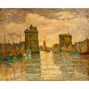 The Port Of La Rochelle - Large Oil On Monogrammed Panel 1st Part Of The 20th Century 