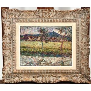 Pointillist Landscape C1900 Signed - Oil On Wood Panel 