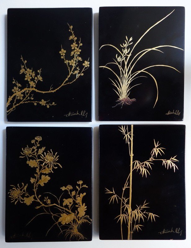 "foliages" Lacquers By Nguyen Thanh Le Circa 1950